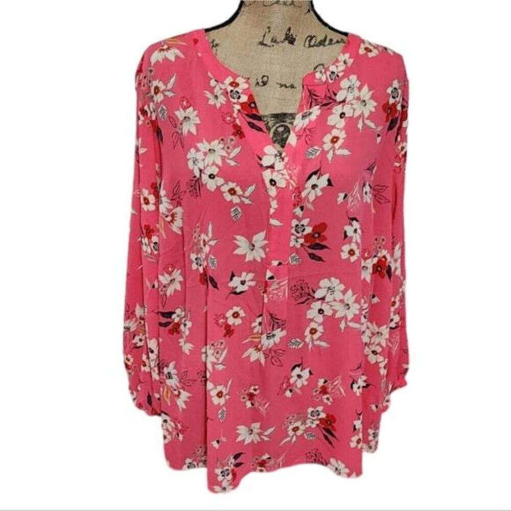Tahari Woman Pink Cherry Blossom Floral Split V-Neck Blouse 3X TH41241W Plus New